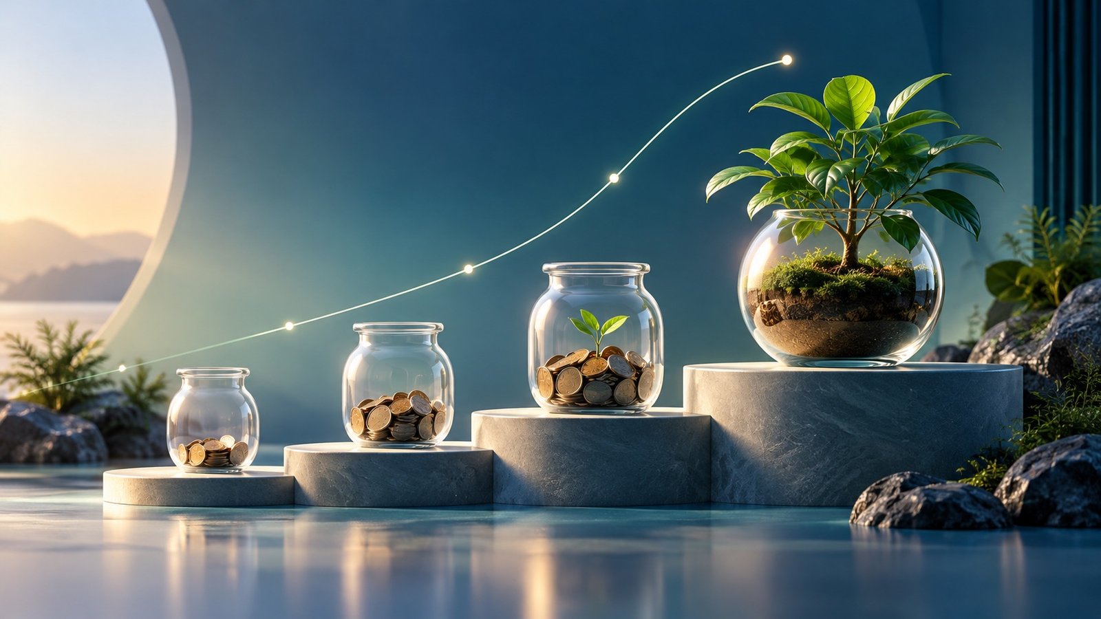 Savings goal, emergency fund and compound interest planning illustration